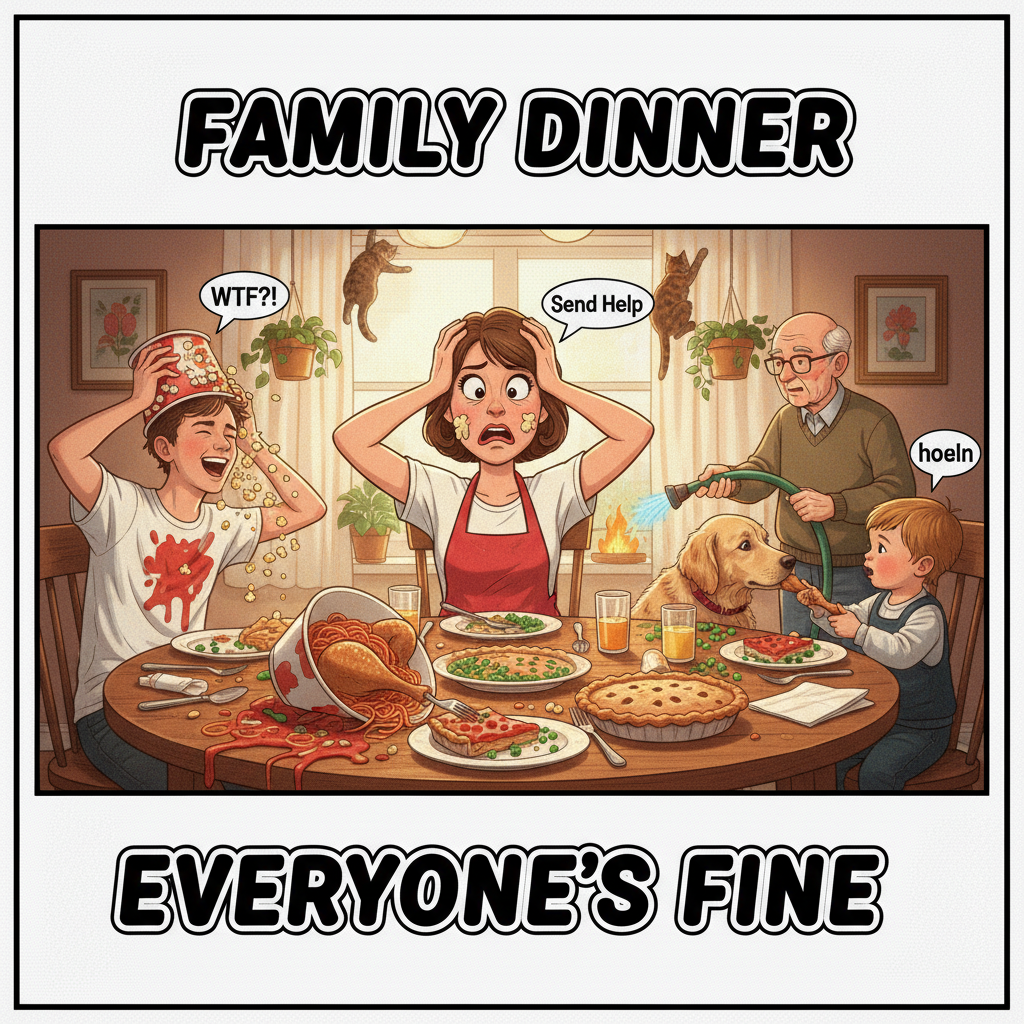 My family dinner was less 'Hallmark movie' and more 'Hunger Games'. Send wine.