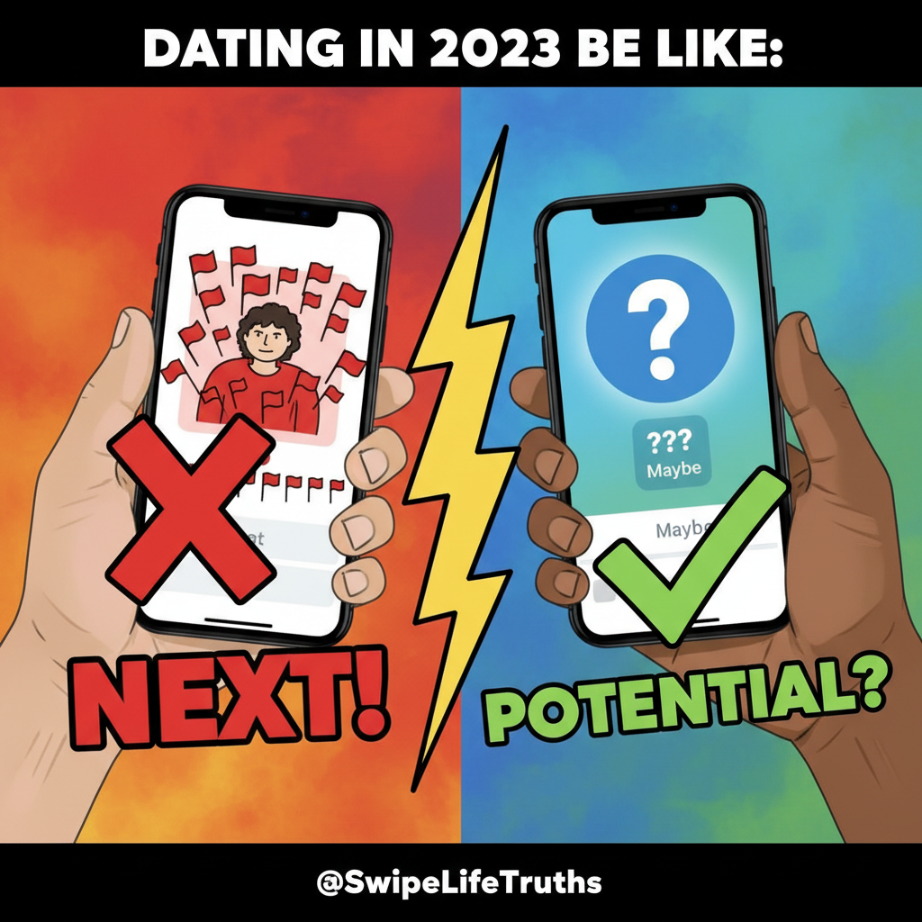 Dating apps are just 'swipe left on red flags, swipe right on mild curiosity'.