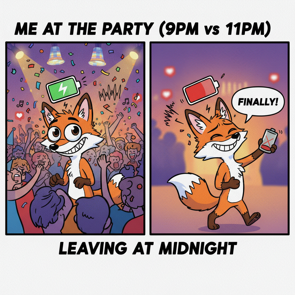 Introvert at a party: 'I've recharged my social battery. Now I need to go home.'