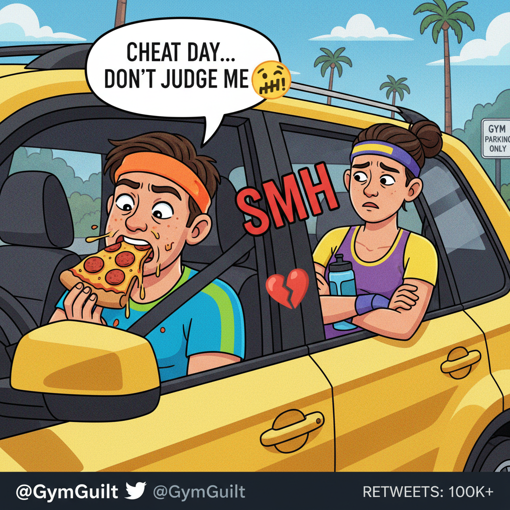 My 'gym buddy' just spotted me eating pizza in the parking lot. We're both disappointed.