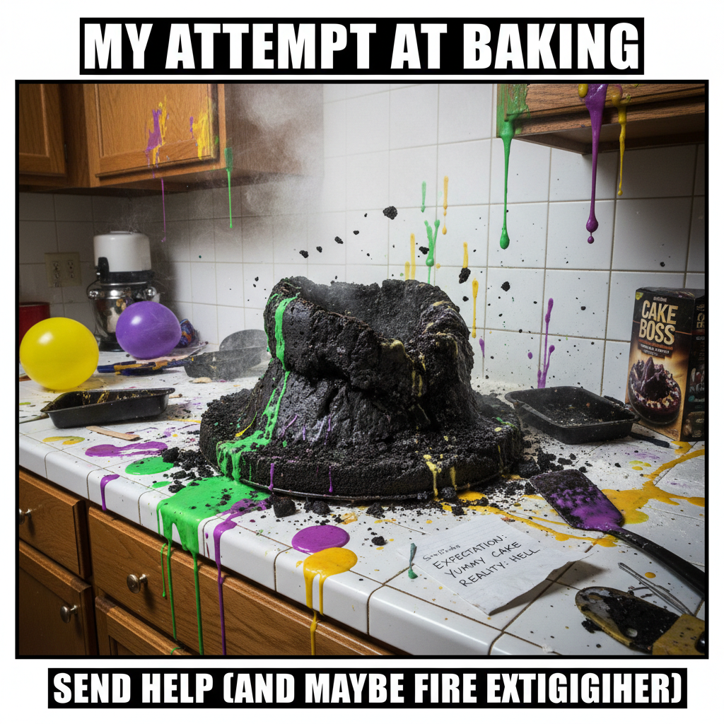 Attempted to bake a cake. Now my kitchen looks like a crime scene and the cake is an alien.