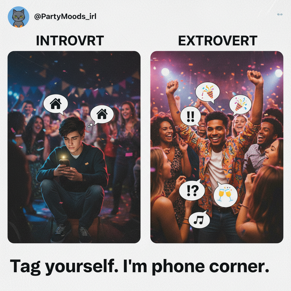 Introvert at a party vs. Extrovert at a party. It's a whole documentary.