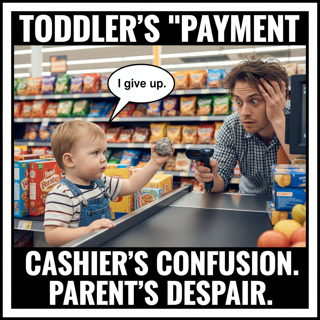 My toddler just tried to pay for groceries with a rock. Send help. And wine.