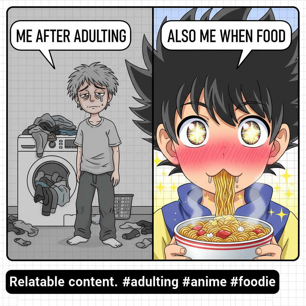 Me trying to adult vs. my brain reacting like an anime character discovering a new food.