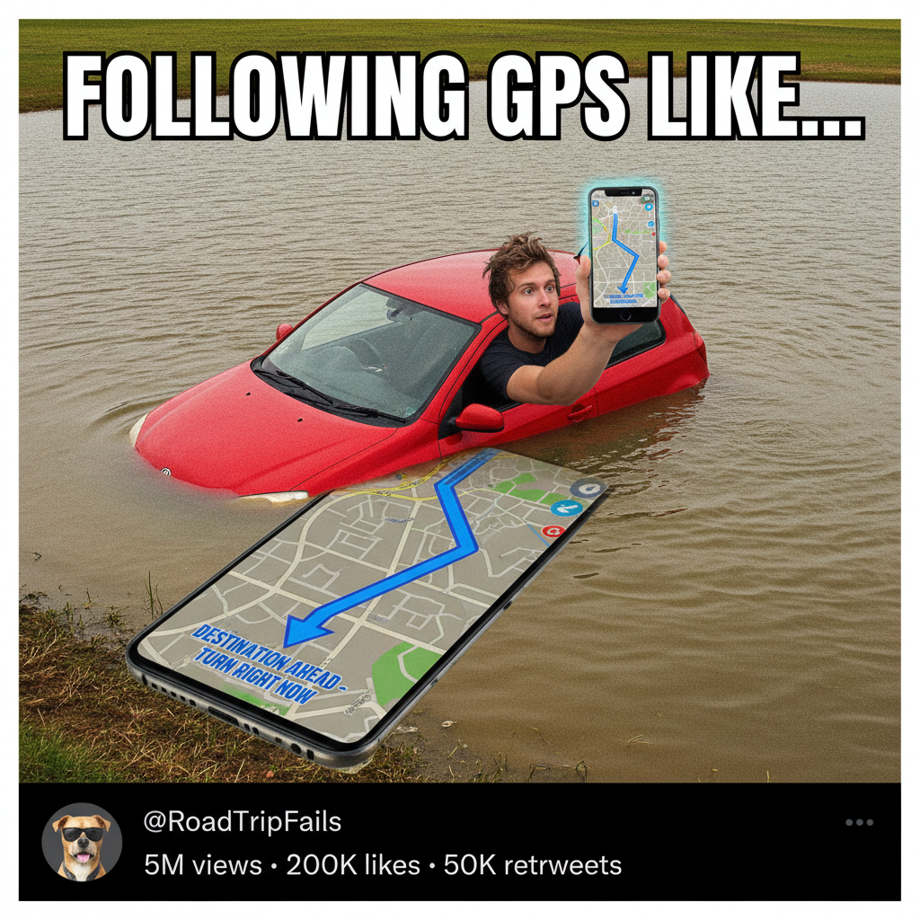 GPS told me to turn left into a lake. 10/10 would not recommend. #RoadTripFail