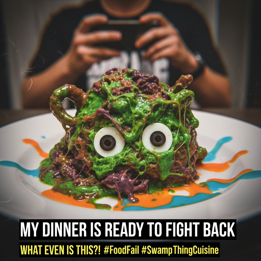 My attempt at a gourmet meal ended up looking like an alien swamp creature. Send help.