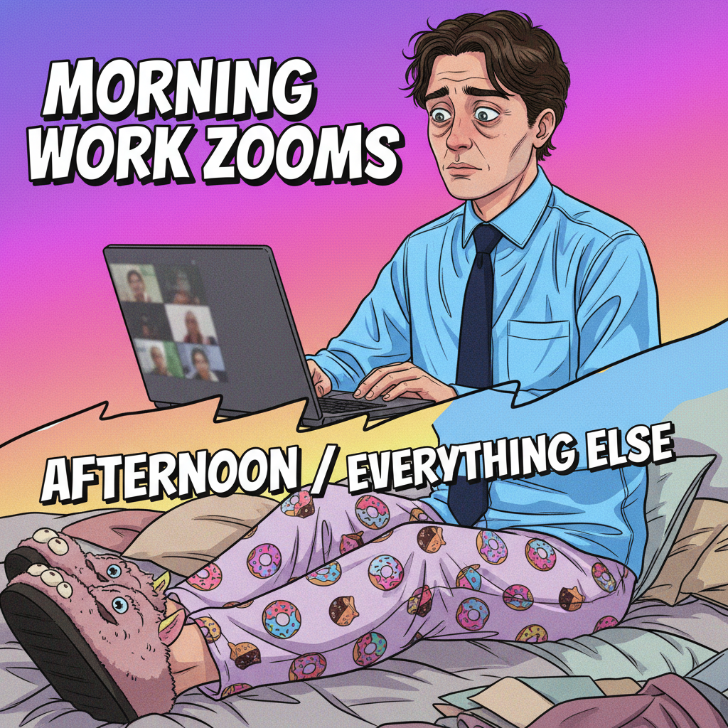 My 'work from home' outfit is 70% pajamas, 30% existential dread. Productivity: 0%.