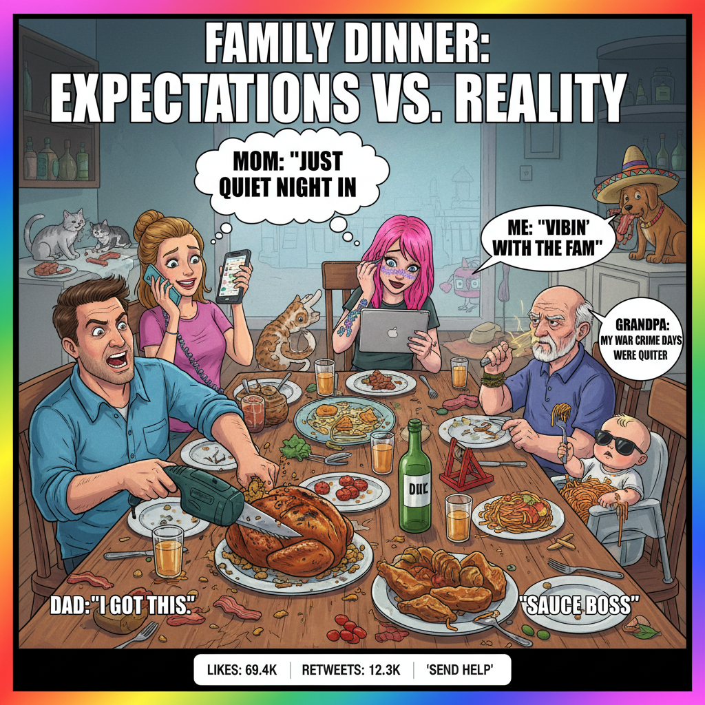 Holiday dinner chaos: someone's crying, someone's arguing, someone's already asleep on the couch.