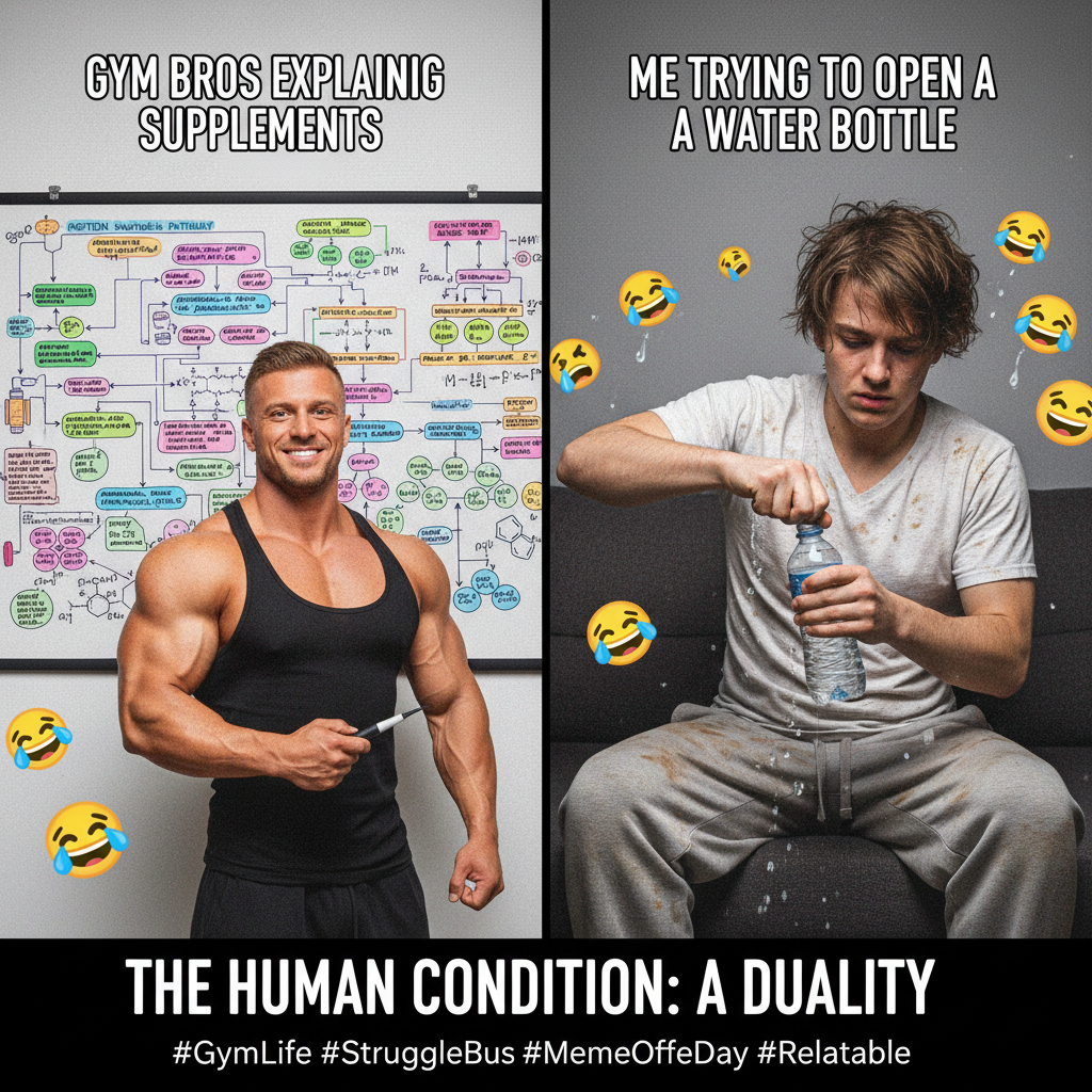 Gym bros explaining their 'secret' supplement stack vs. me just trying to lift my water bottle.
