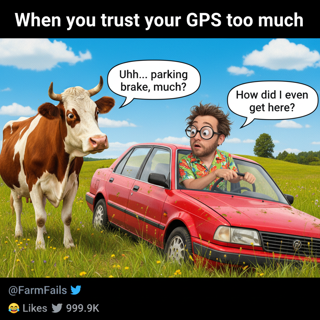 GPS said 'turn left.' I turned left. Now I'm in a field with a cow.