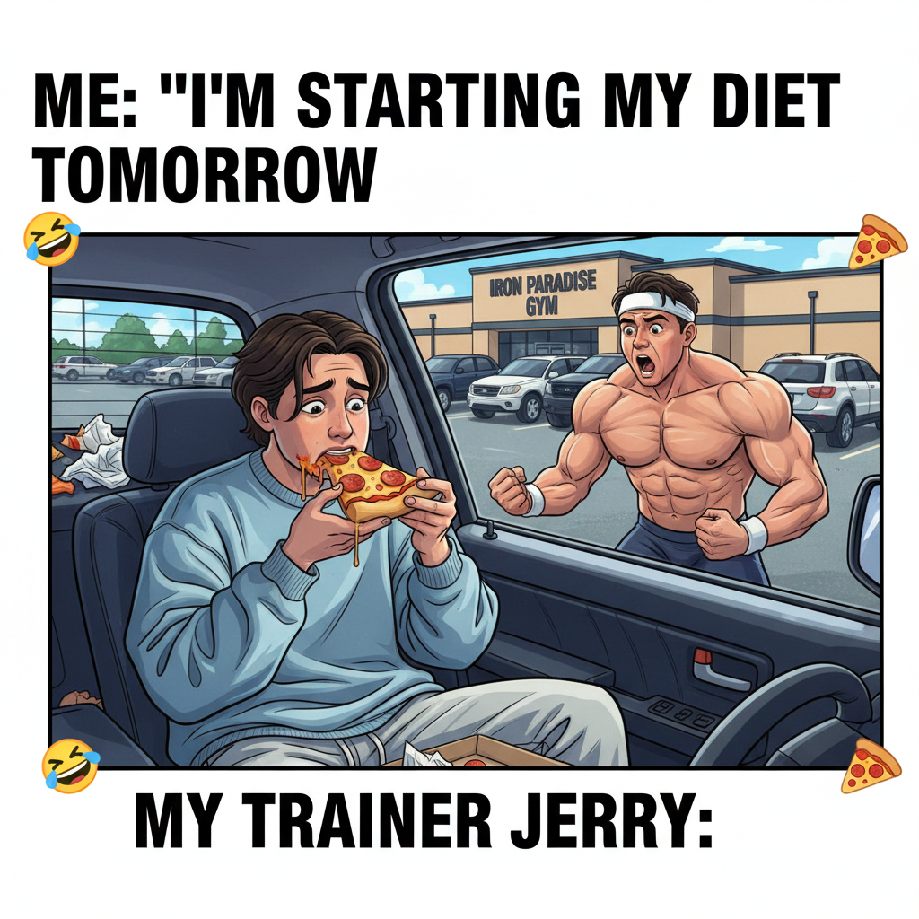 My 'gym buddy' just spotted me eating pizza in the parking lot. This is fine.
