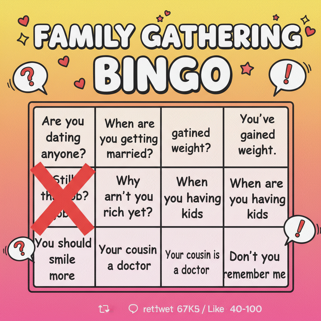 Grandma just asked if I'm 'still single.' Holiday dinner bingo card complete.