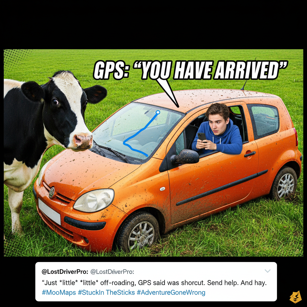 GPS said 'turn left.' I turned right. Now I'm in a field with a cow. Send snacks.