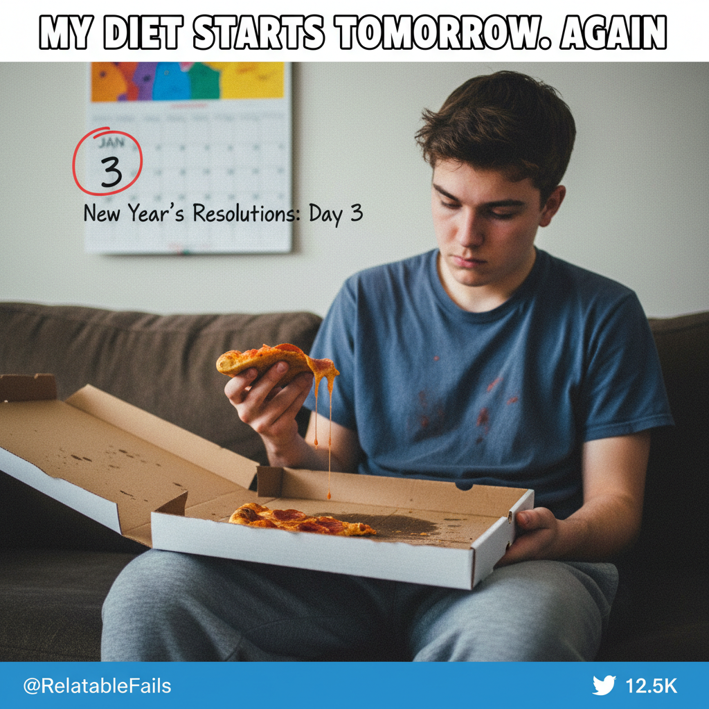 My New Year's resolution was to eat healthier. It's January 3rd, and I just stress-ate a whole pizza. We tried.