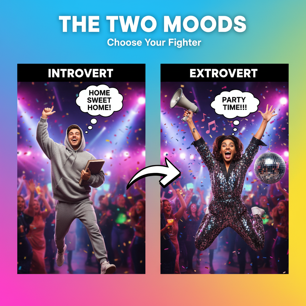 Introvert at a party: 'I've recharged enough, time to go home.' Extrovert: 'The party just started!'