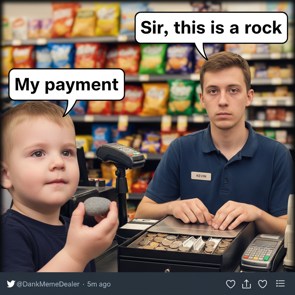 My toddler just tried to pay for groceries with a rock. The cashier didn't even flinch.