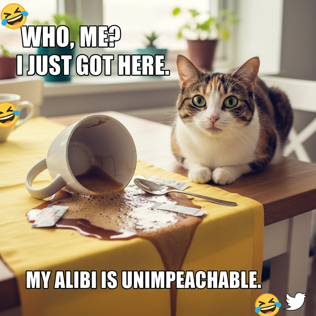 My cat just knocked my coffee over to get attention. Still love him tho. 😭 #PetLife
