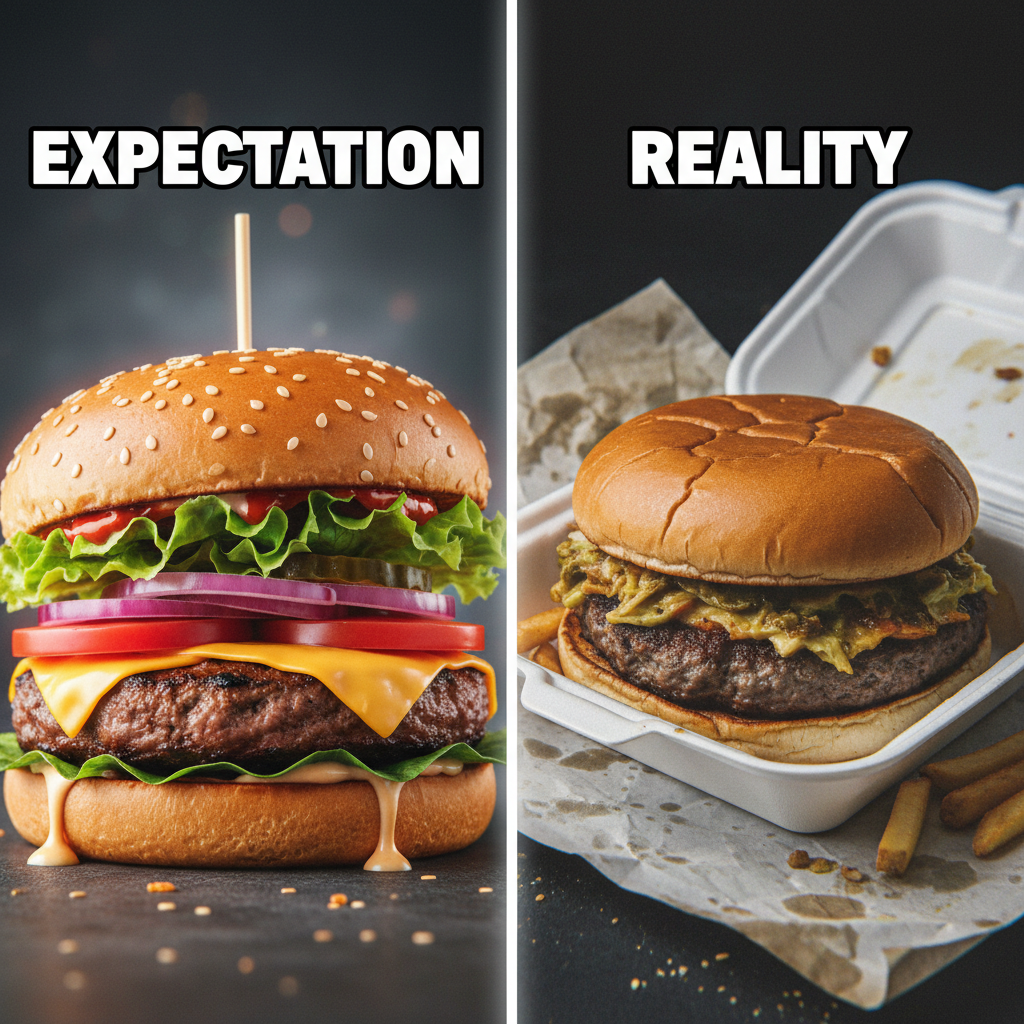 Ordered a gourmet burger, got a sad patty. My expectations vs. reality is a meme.
