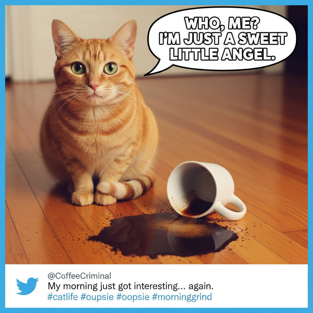 My cat just knocked my coffee off the table then looked at me like *I* was the problem. #PetLife