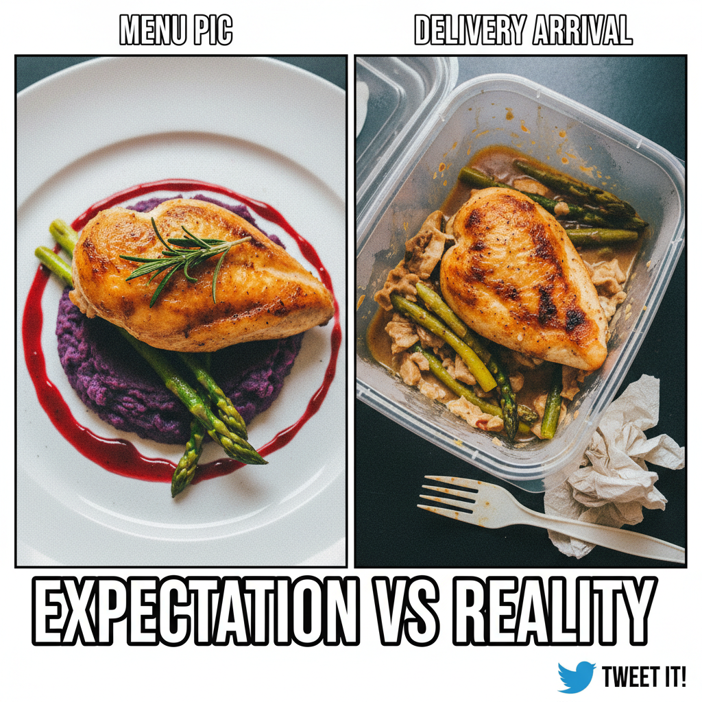 Food delivery expectation: gourmet meal. Reality: looks like it survived a warzone. Still eating it.