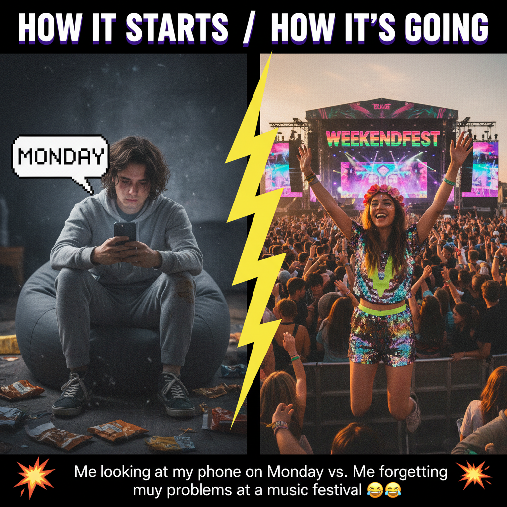 My social battery after 1 group text vs. my extrovert friend after a 12-hour festival.