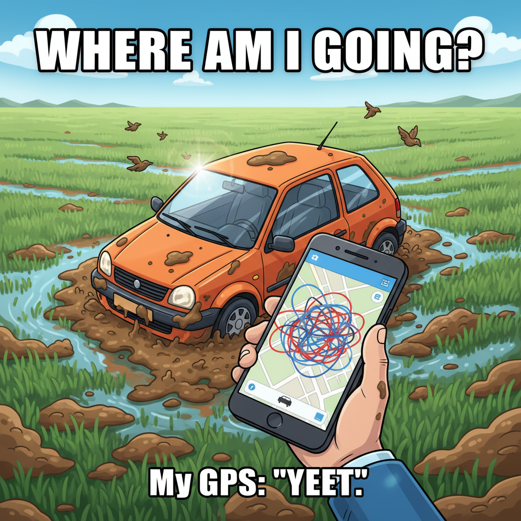 GPS said 'turn left'. I turned right. We're now in a field. Send snacks.