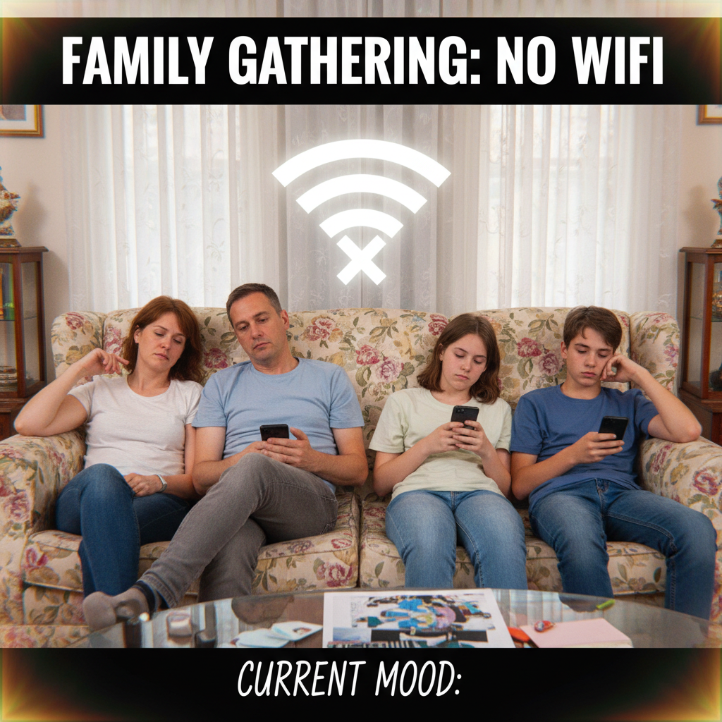 The WiFi went down. I'm now forced to interact with my family. Send help.