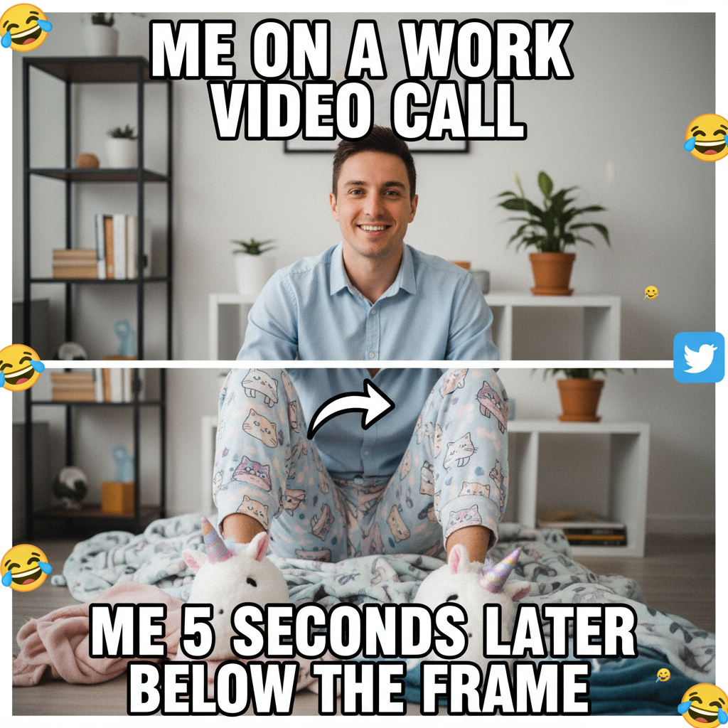 My WFH uniform is 50% professional top, 50% pajama bottoms. The duality of man.