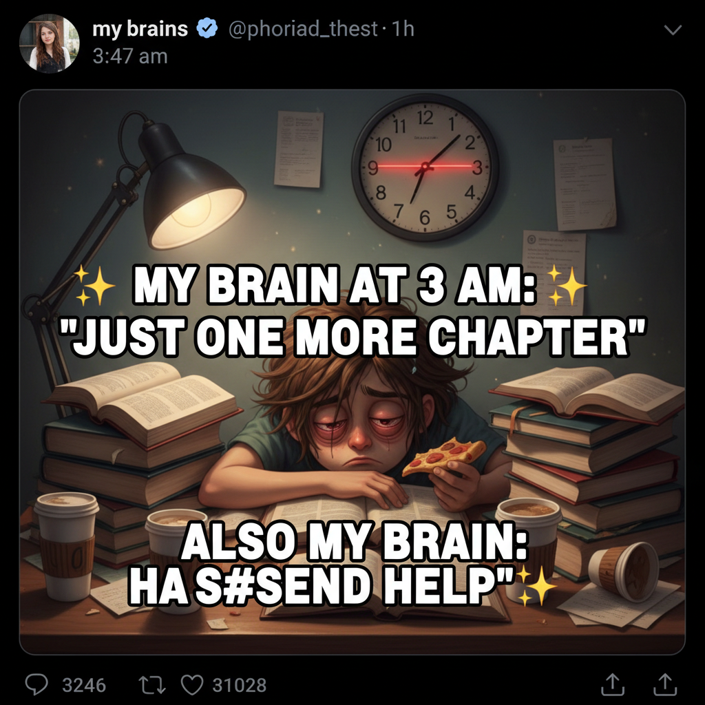 My brain during exam season: 'All work and no play makes Jack a dull boy.' Also my brain: 'What is sleep?'