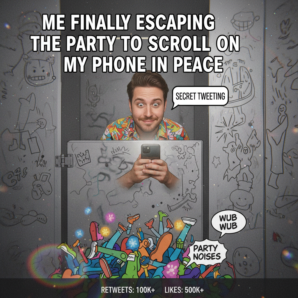 Introvert at a party: 'I just need to recharge my social battery... in the bathroom.'