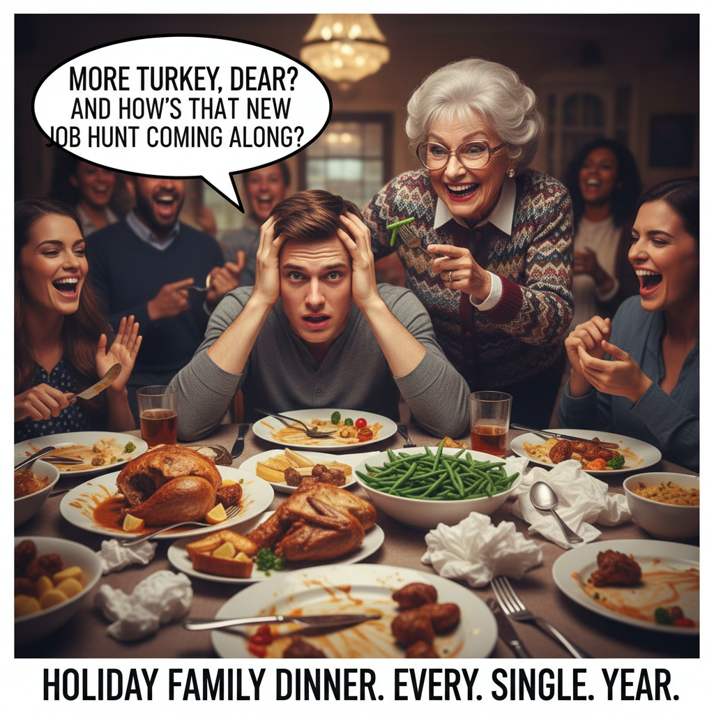 Me trying to explain my life choices to Aunt Carol at Thanksgiving. Send help. #HolidayChaos
