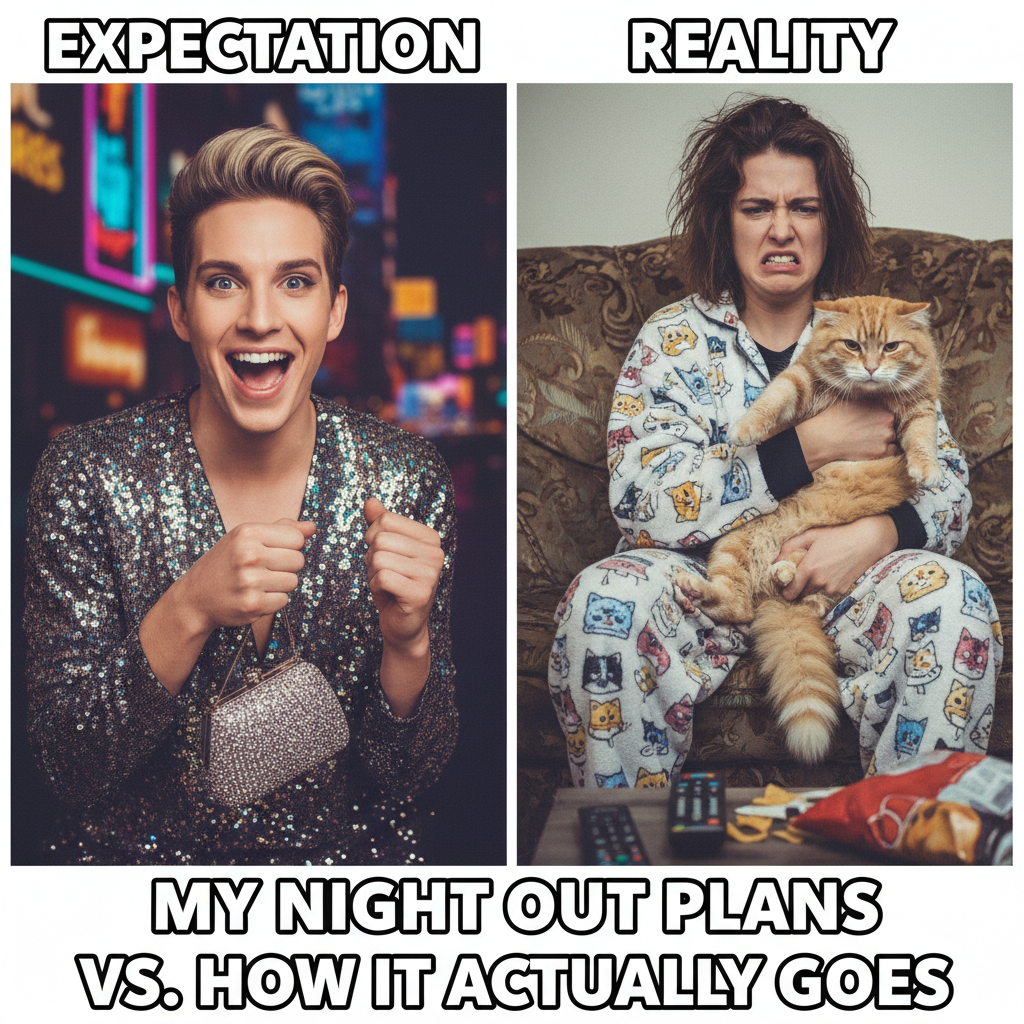 My Friday night plans: clubbing. My Friday night reality: arguing with my cat about bedtime. #FridayVibes