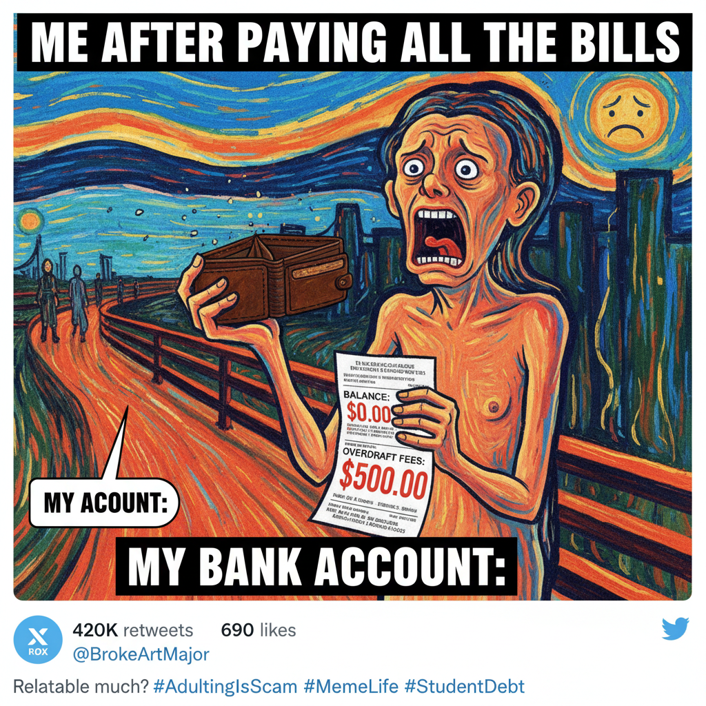 Just paid my bills and now my bank account is doing the 'Scream' painting. Adulting is fun!