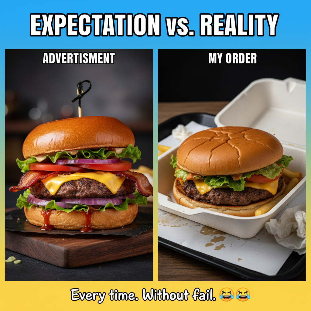 Ordered a gourmet burger, got a sad patty that looks like it lost a fight. #FoodDelivery