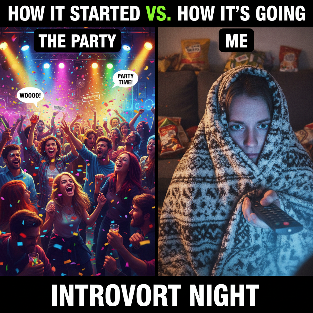 Extrovert: 'Let's go to that huge party!' Introvert: *already planning escape routes*