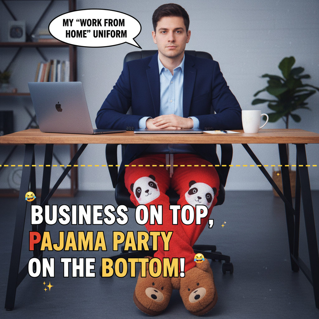 My WFH outfit: Business on top, pajama party on the bottom. Don't tell my boss.