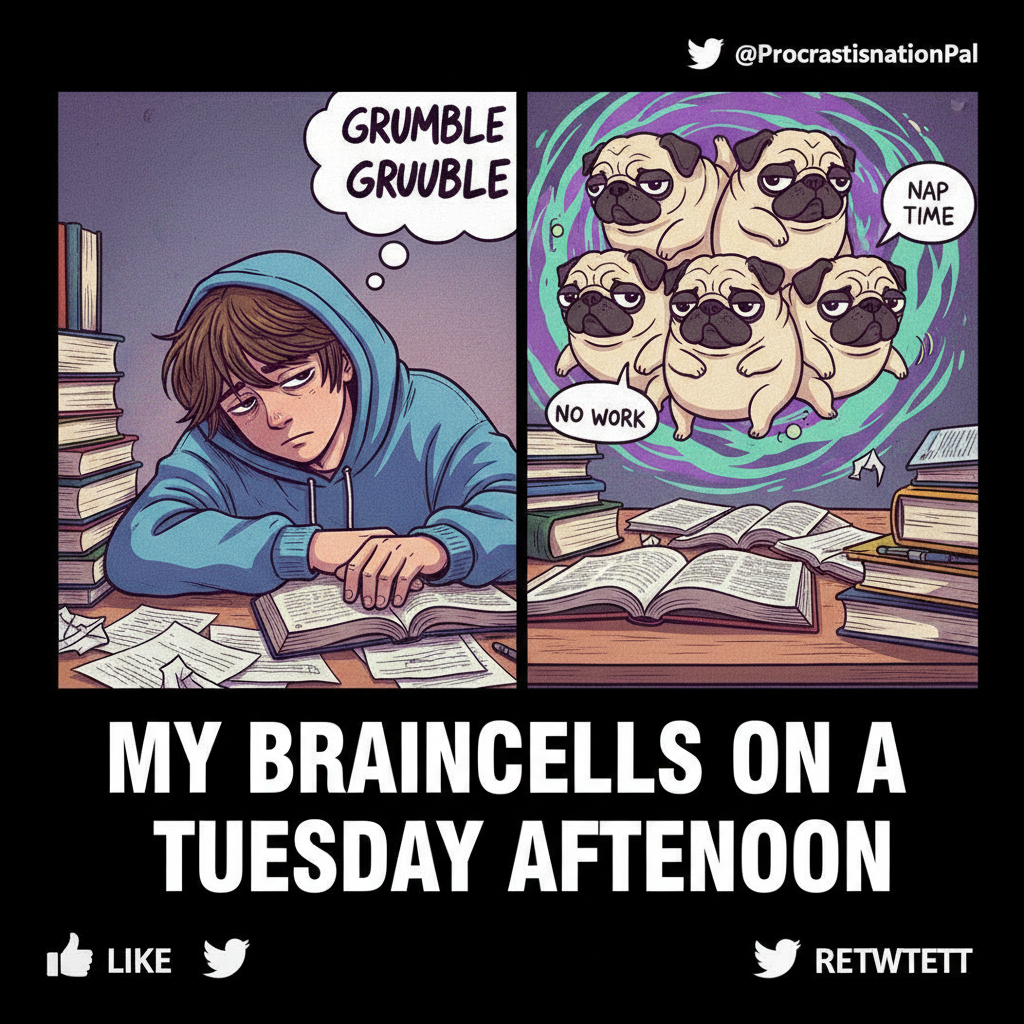 My brain during exam season: 'Did you know a group of pugs is called a grumble?' #StudentLife