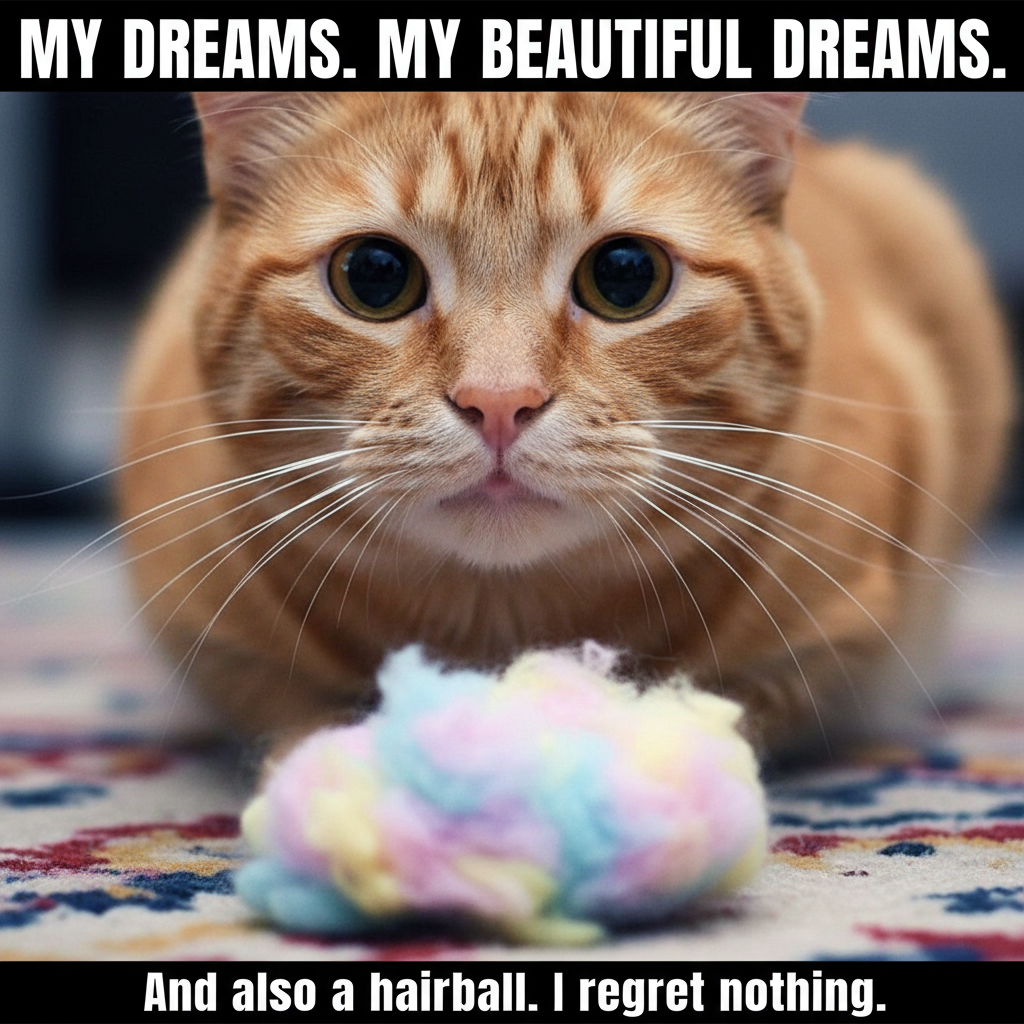 My cat just coughed up a hairball that looked exactly like my hopes and dreams. Send help.