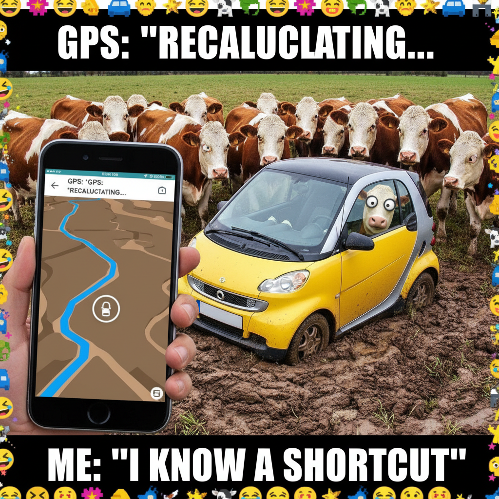 GPS said 'turn left in 500 feet.' We turned left. We are now in a cow pasture. Send snacks.