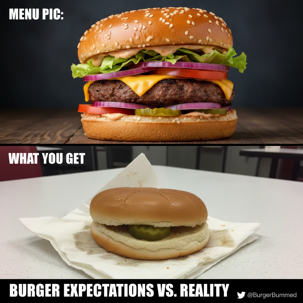 Ordered a gourmet burger. Got two buns and a single pickle slice. Expectations vs. Reality.
