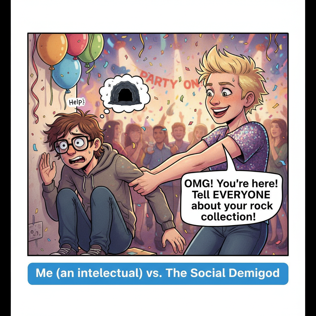 The introvert at the party vs. the extrovert who adopted them. A love story.