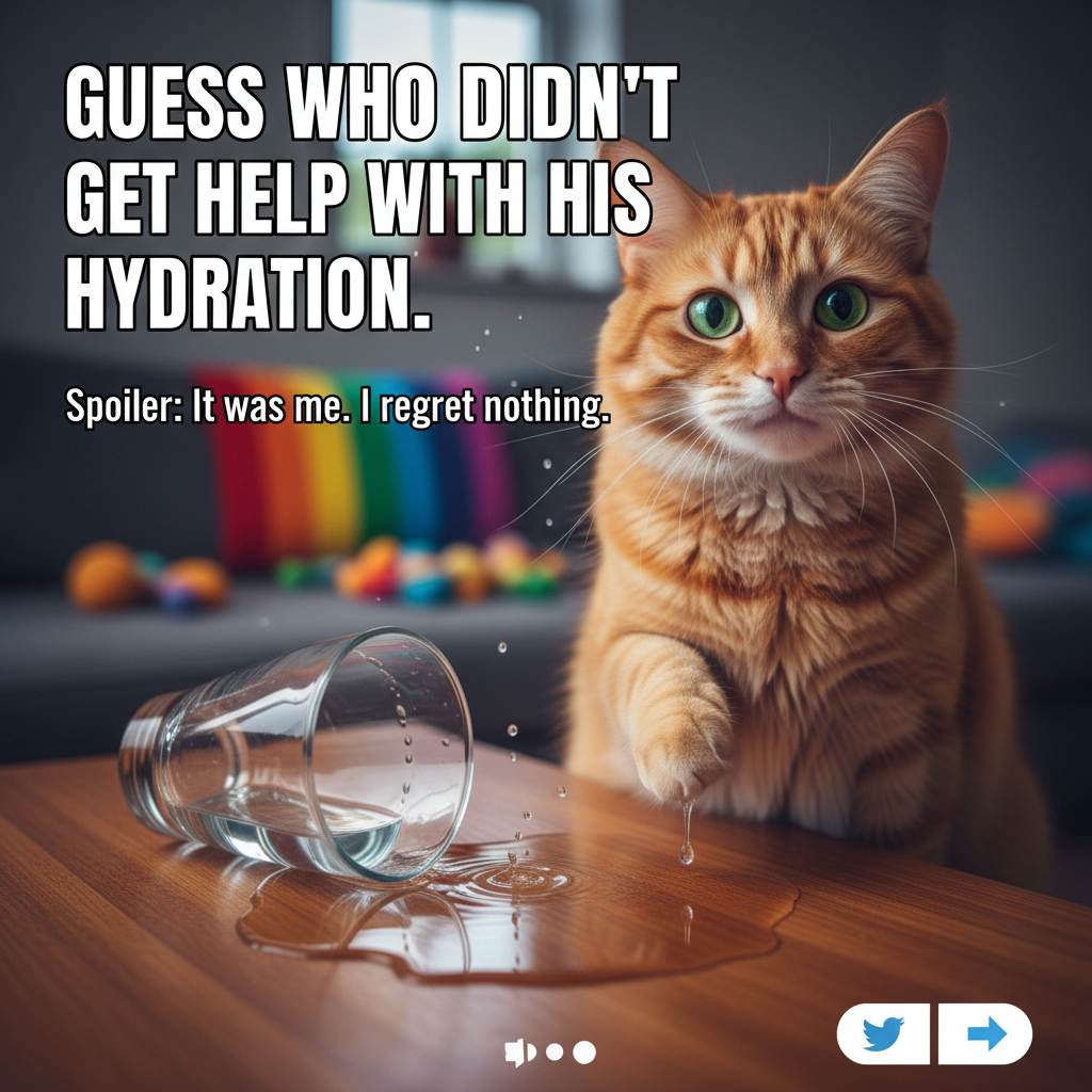 My cat just knocked over my water glass for attention. I'm not mad, just impressed.