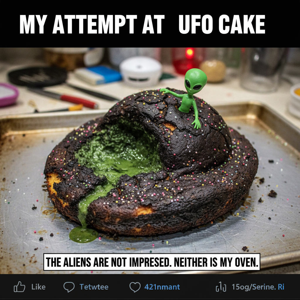 Attempted to bake a cake. It looks like a deflated alien spaceship. Send help (and pizza).