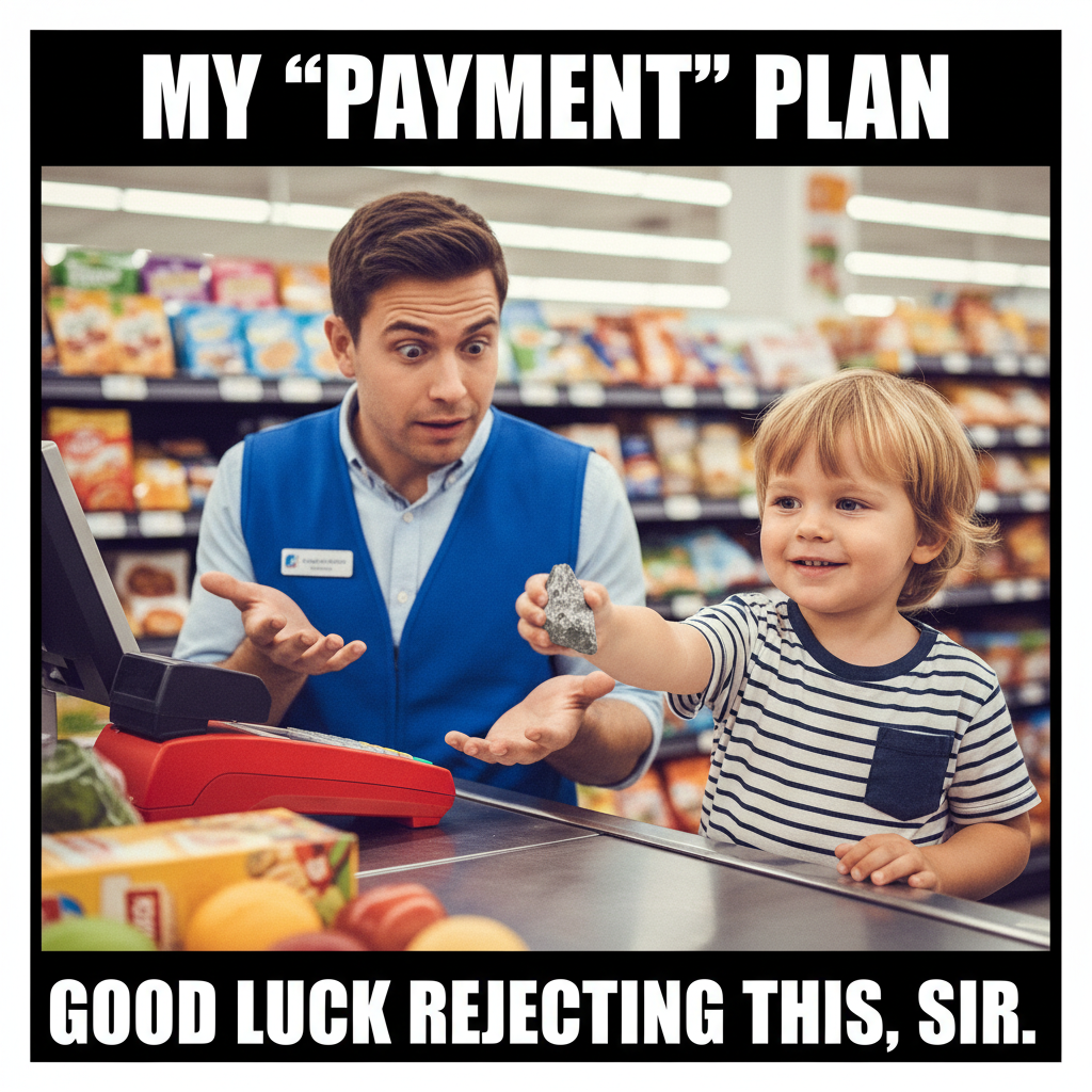 My toddler just tried to pay for groceries with a rock. I'm not sure if I should be proud or concerned.