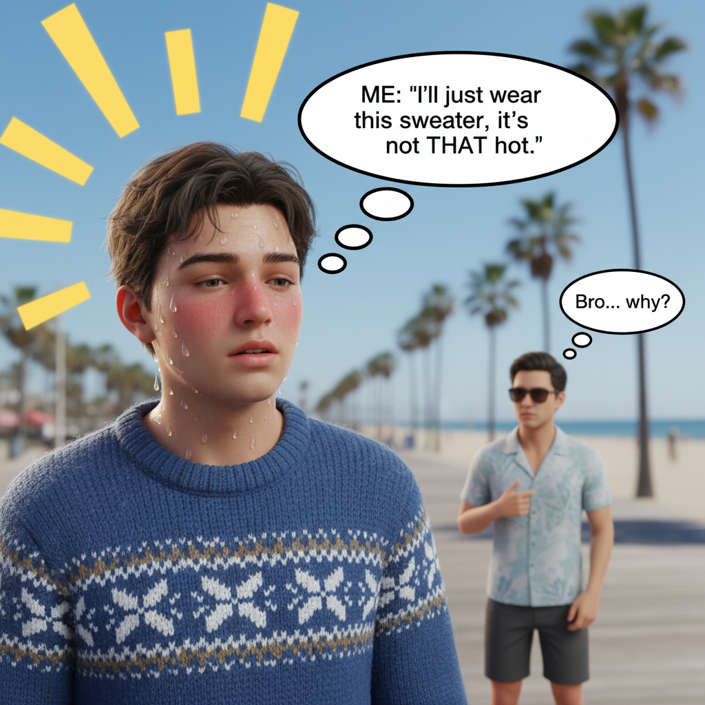 It's 75° and sunny. My neighbor is complaining it's 'too hot to wear a sweater'. Sir, it's summer.
