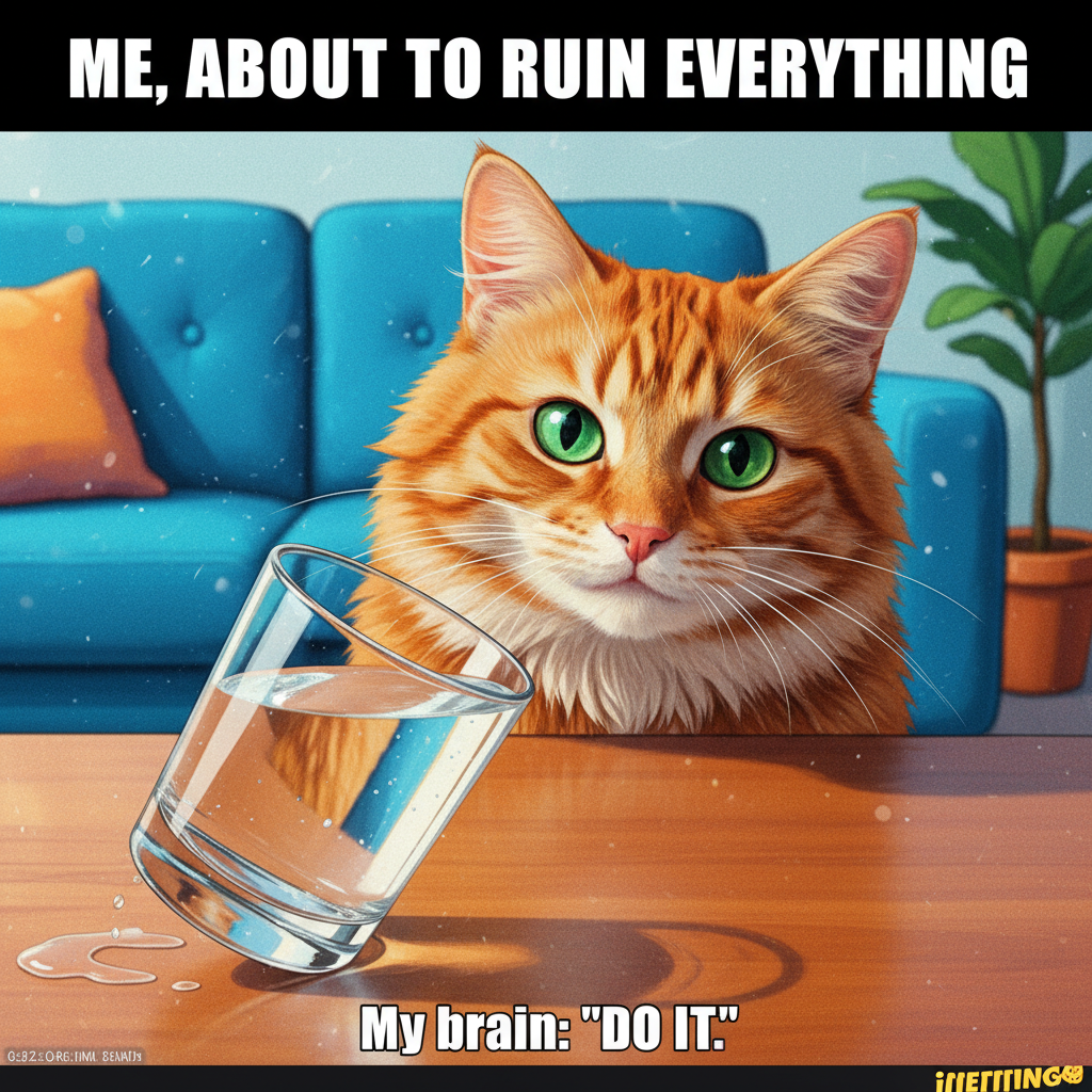 My cat just stared into my soul while slowly pushing my water glass off the table. Power move.