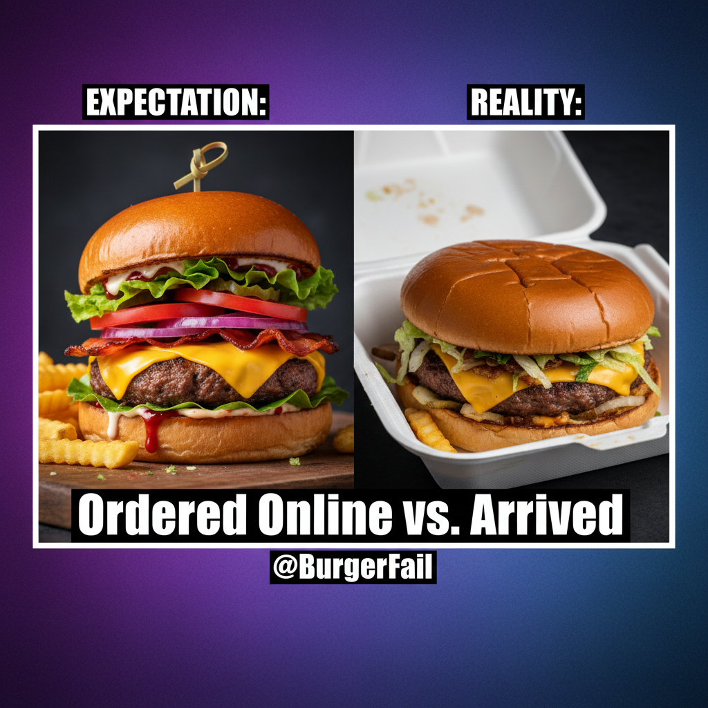 Ordered a gourmet burger. Got a sad patty in a box. My disappointment is immeasurable.