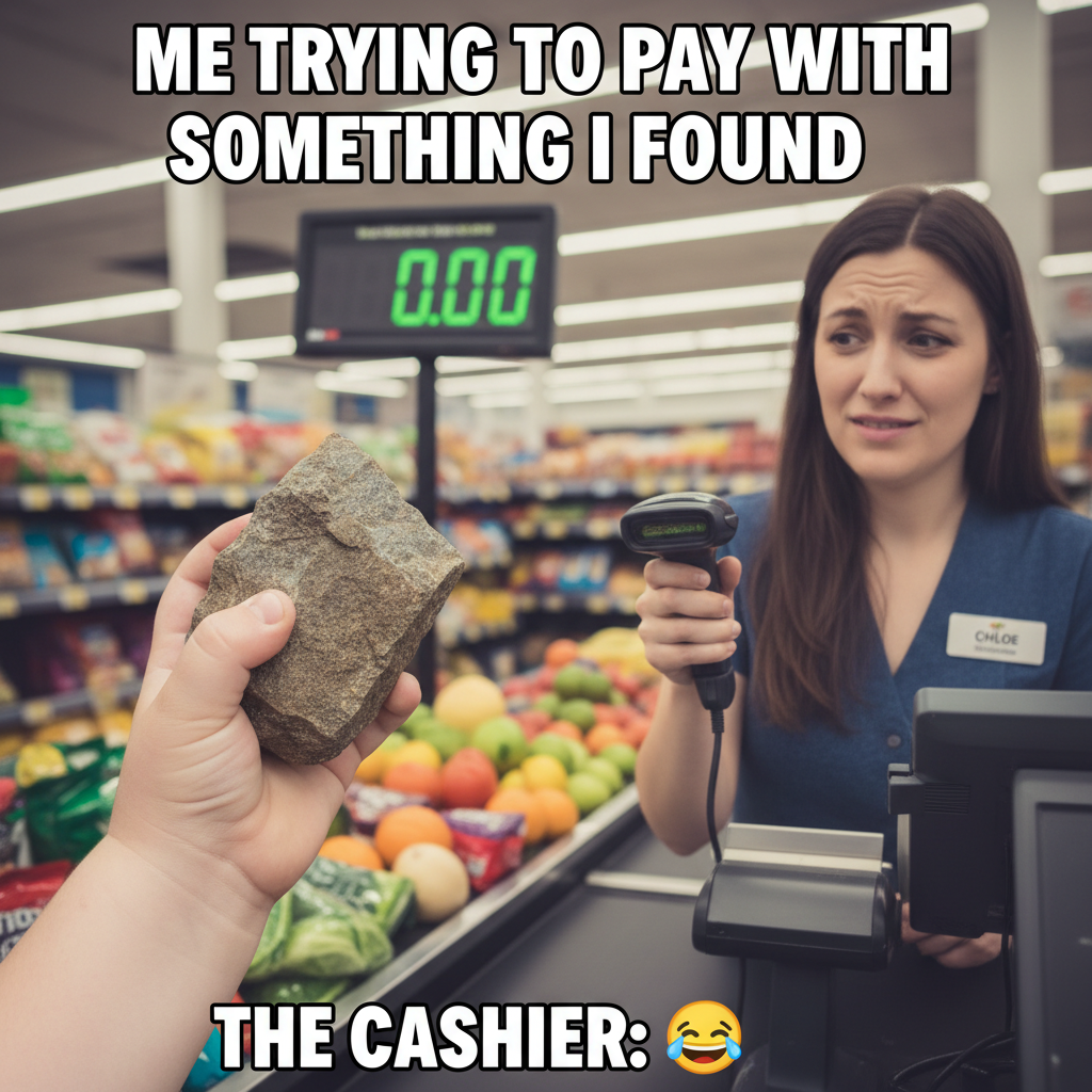My toddler just tried to pay for groceries with a rock. I'm raising a tiny caveman. Send help. #Parenting