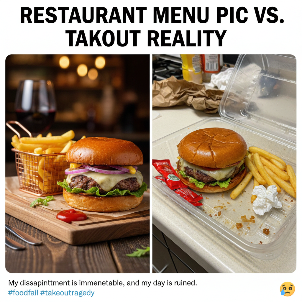 Food delivery pic vs. what actually arrived. I've been bamboozled.
