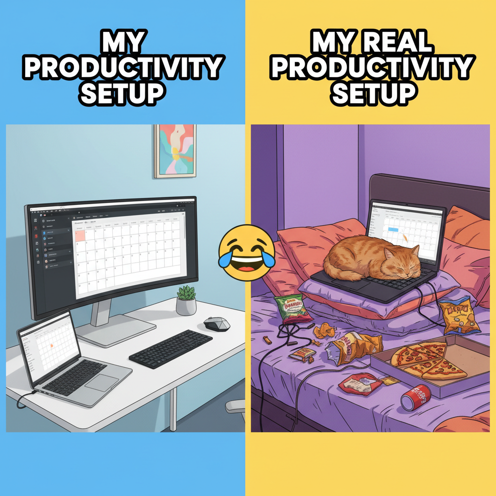 My 'professional' WFH setup vs. my actual WFH setup. Send help.